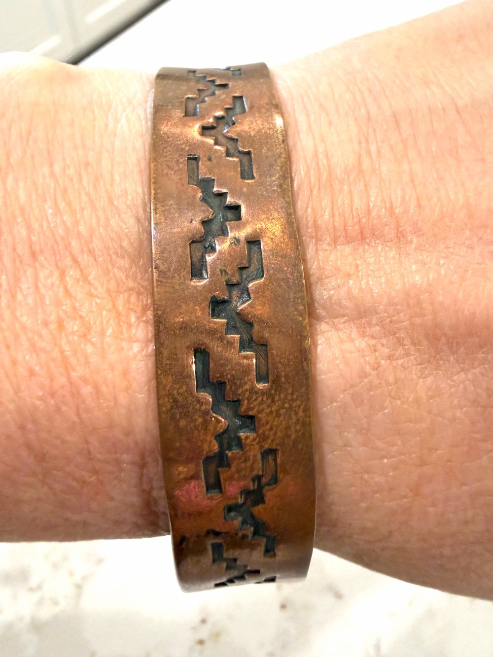 Vintage Signed Native American Solid Copper Stamped Thunderbird Cuff Bracelet JW